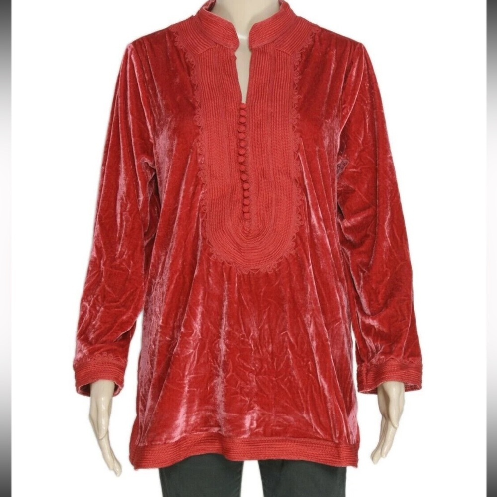 Soft Surroundings women’s long sleeve red velvet embroidered pullover top/tunic